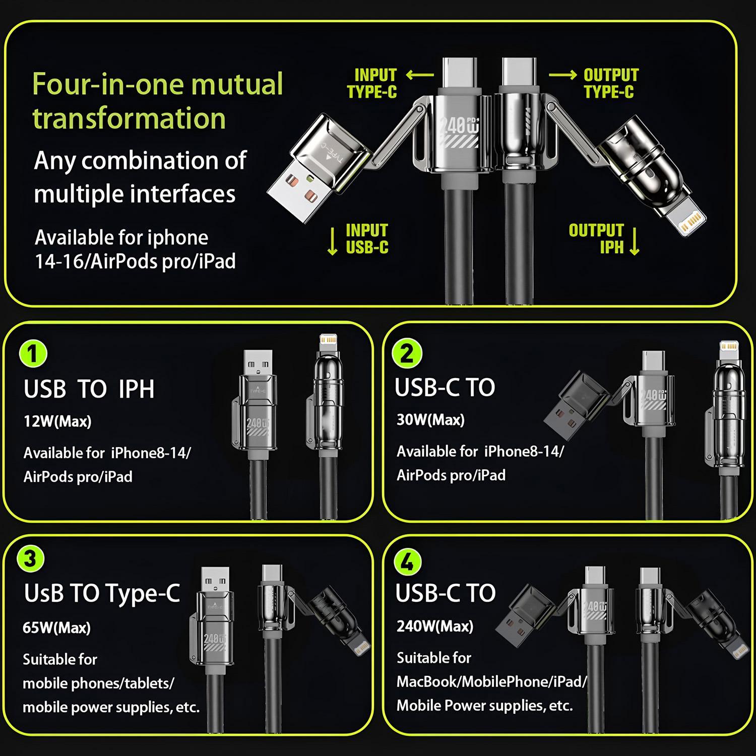 240W 4-in-1 Fast Charging Data Cable, Multifunction Cellphone Charging Cable Compatible with Type-C & iOS Devices, Phone Accessories #GLOBAL PICKS