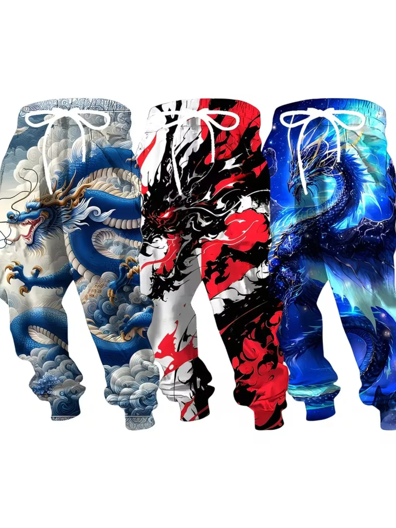 Men's Trendy 3D Dragon Print Sweatpants, Drawstring Waist + Pocket Design, Comfortable Polyester Casual Sports Pants, Street Style Long Pants