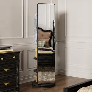 ARCH 360° Rotating Full Length Mirror with Coat Rack, 66x17.8in Floor Mirror with Hooks, Rubber Wood Solid Wood Frame, Black, Multifunctional Storage Rack for Bedroom Living Room Cloakroom Space Saving, Black Color Options, Mirror/Rubber Wood