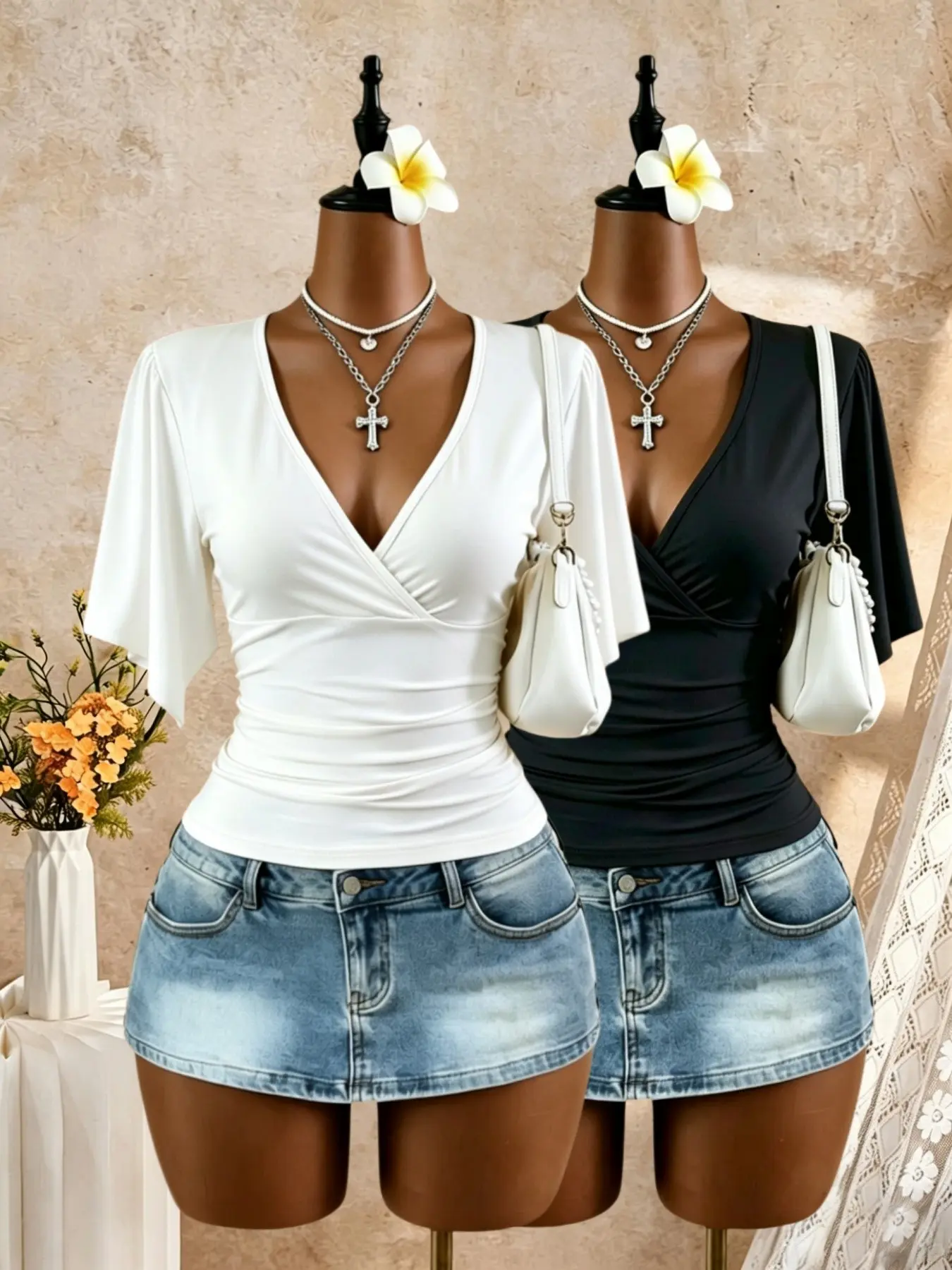 Women's Deep V Neck Pleated Fitted Short Set, Elegant Basic Short Sleeve T-Shirt for Daily Wear, Casual All-Season