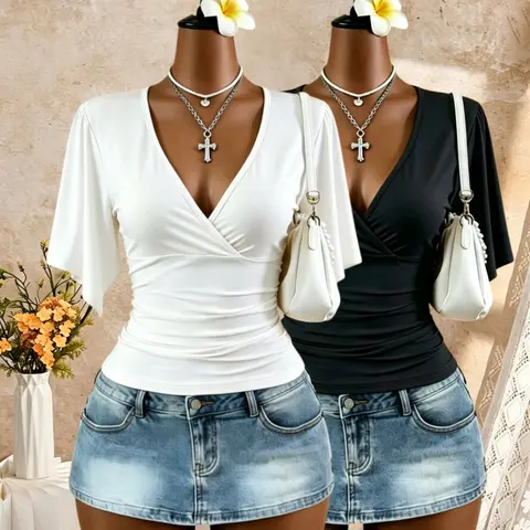 Women's 2-Pack Deep V-Neck Ruched Fitted Tops, Elegant Basic Short Sleeve T-Shirts for Daily Wear, Casual All-Season Top, Body Hugging Tops