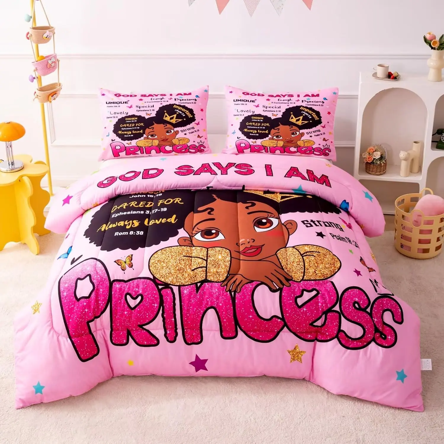 Twin Comforter Set Black Girl Bedding Christian Inspirational Little Princess Comforter God Says I Am Afro Melanin Peekaboo Bedroom Set