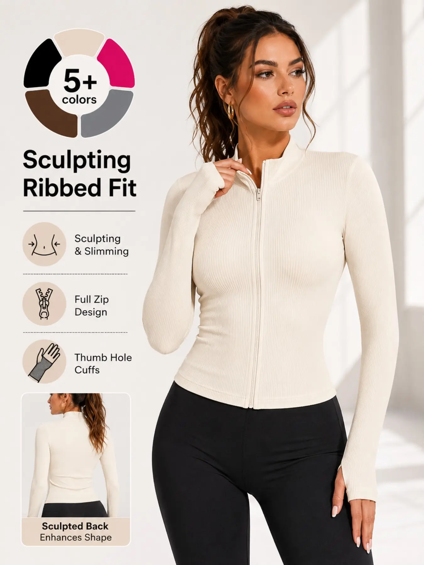 Women's High Stretch Ribbed Zip-Up Sports Jacket, Mock Neck Full Zip Coat With Thumb Holes, Windproof Knitted Slim Waist-Cinching Long Sleeve Fitness Outerwear For Autumn And Winter, Workout Jacket