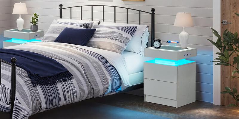 LED Nightstand with Charging Station, Floating Modern Black Bedside Table with Drawers, Smart Night Stand with Wireless Charging, USB/Type-C Ports & RGB Lights, White