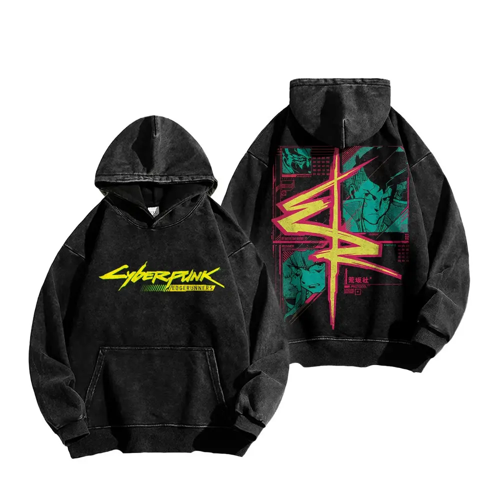 Multi Color Vintage Washed Pullover Hoodie, Cyberpunk Edgerunners Double Sided Anime Character Graphic Oversized Hoodie, Retro Cyberpunk Manga Streetwear Hooded Sweatshirt for Men Women Multiple Vintage Wash Color Options