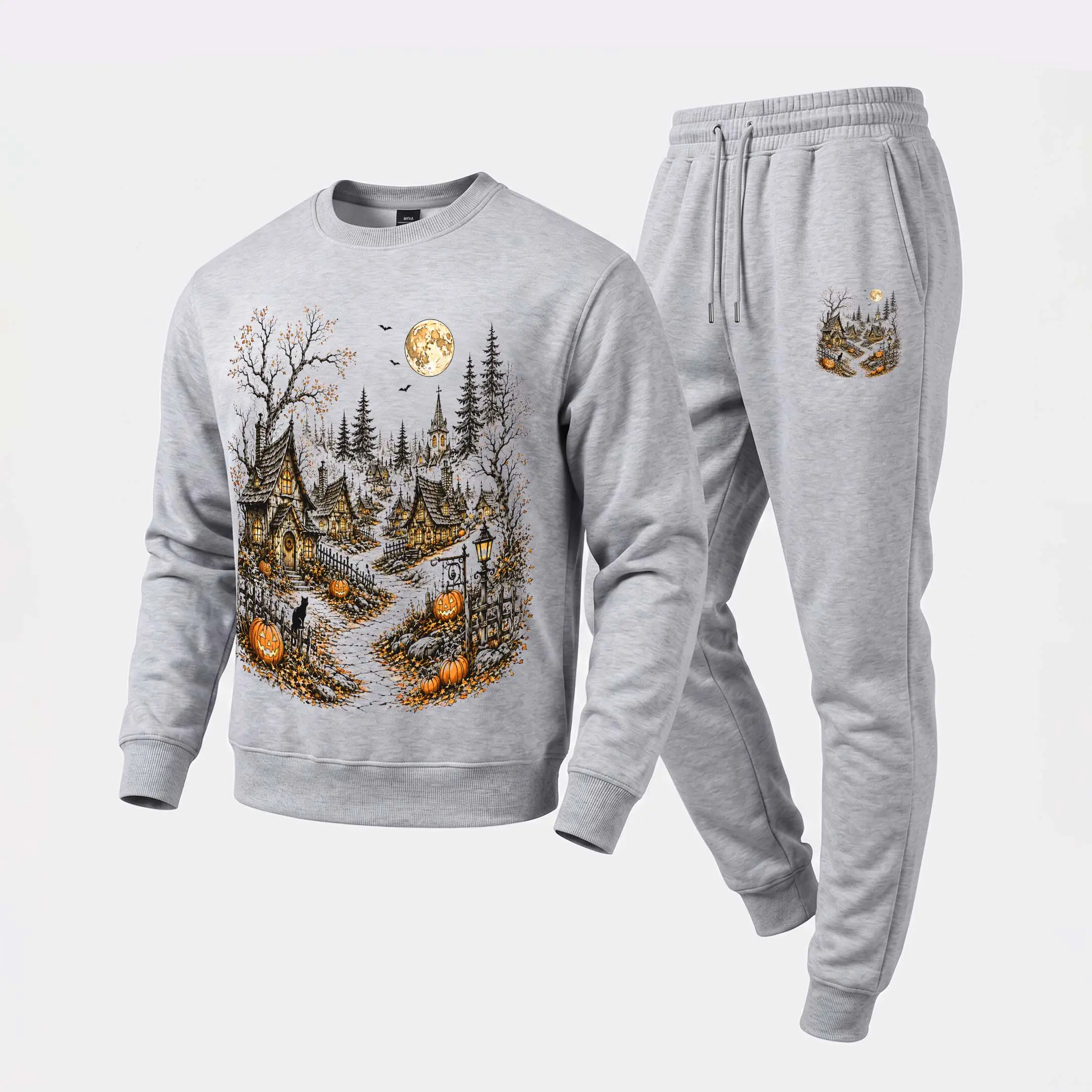 Men's Cozy Haunted Village Halloween Graphic Crewneck Sweatshirt and Jogger Pants Set, Casual Long Sleeve Pullover with Drawstring Sweatpants, Fall Winter Tracksuit for Daily Wear, Travel, Lounge, Workout and Indoor Outdoor Activities