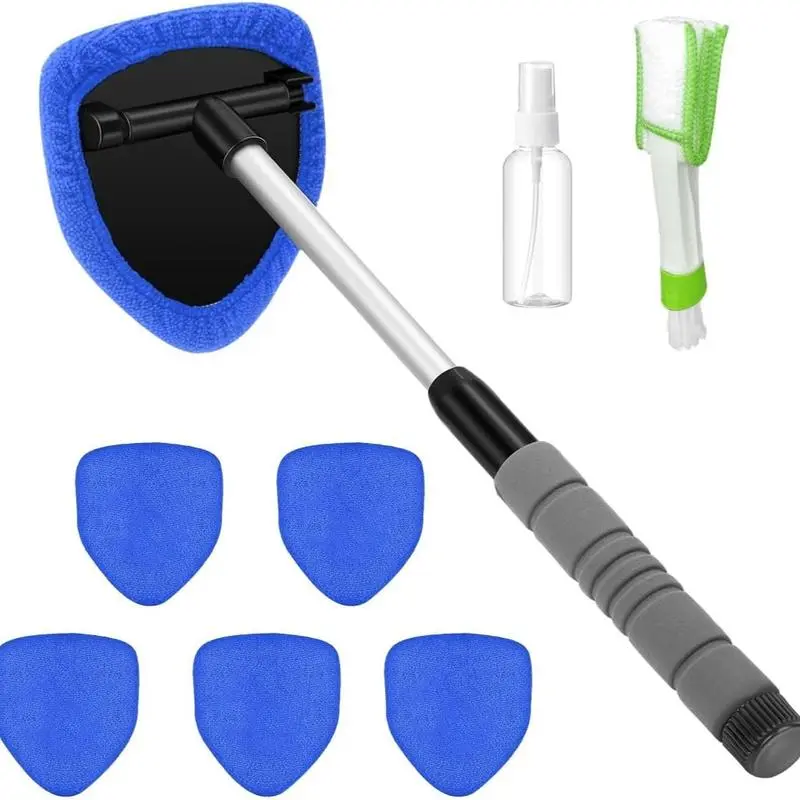 9Pcs Car Windshield Cleaning Tool with Extendable Handle, 180° Swivel Head Auto Glass Cleaner Kit with 6 Microfiber Pads