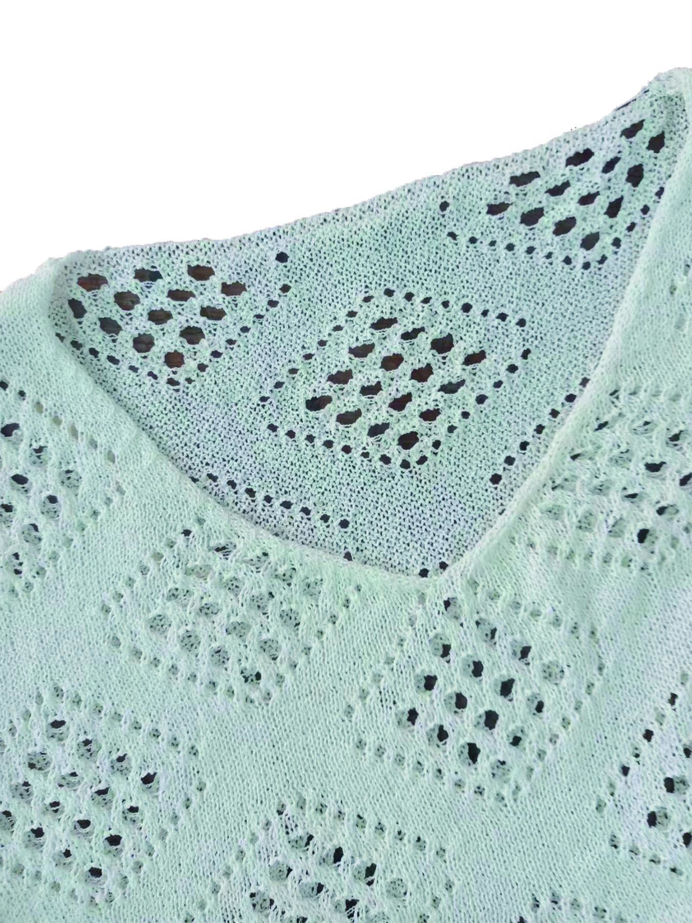 Plus Size Solid Hollow Out Drop Shoulder Knit Top, Casual V Neck Three Quarter Length Sleeve V Neck Knitwear for Summer, Women's Plus Clothing for Daily Wear