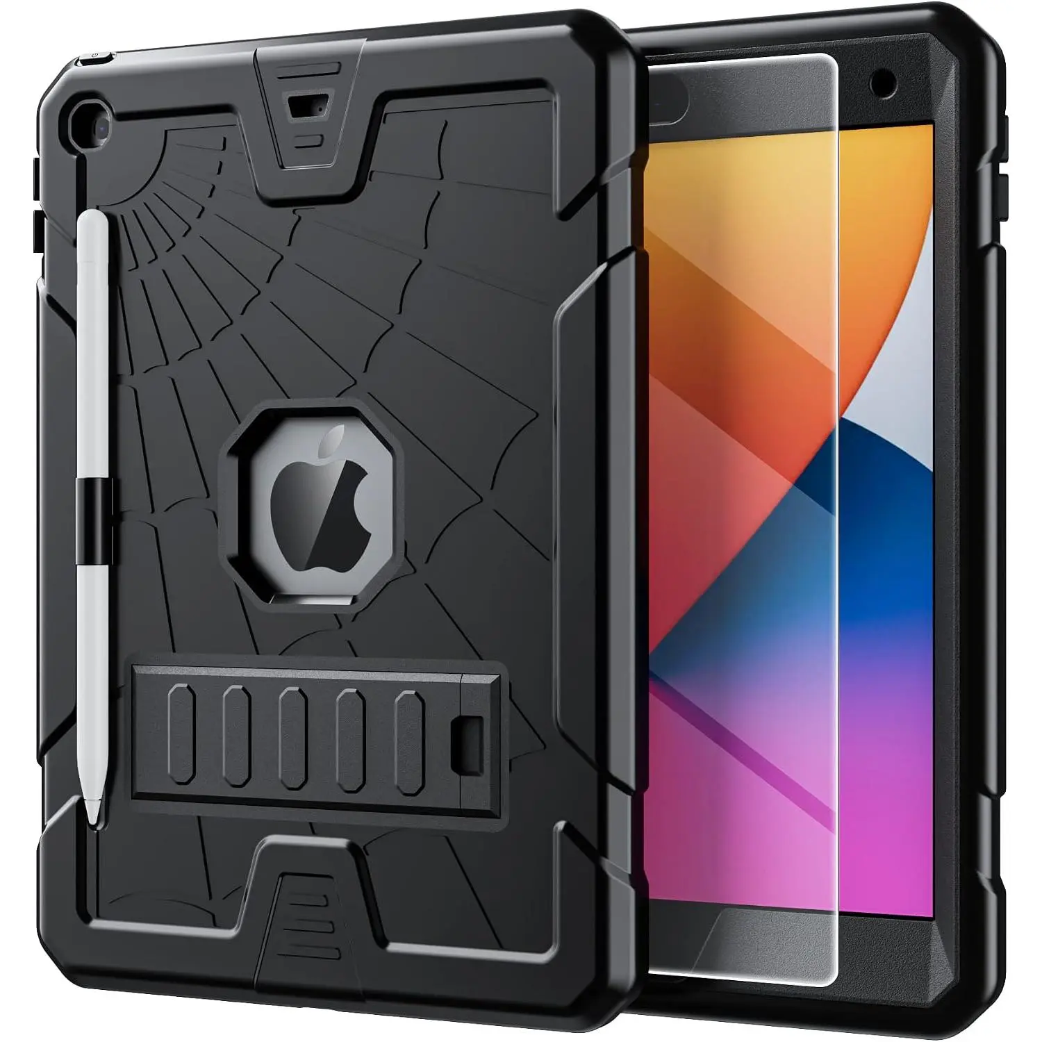 Bundle of iPad 9th Generation Case 2021 and Glass Screen Protector | iPad 10.2 Case for  8th 7th Generation w/Pencil Holder & Stand | Heavy Duty Drop Proof Cover for iPad 9th 8th 7th Gen | Black
