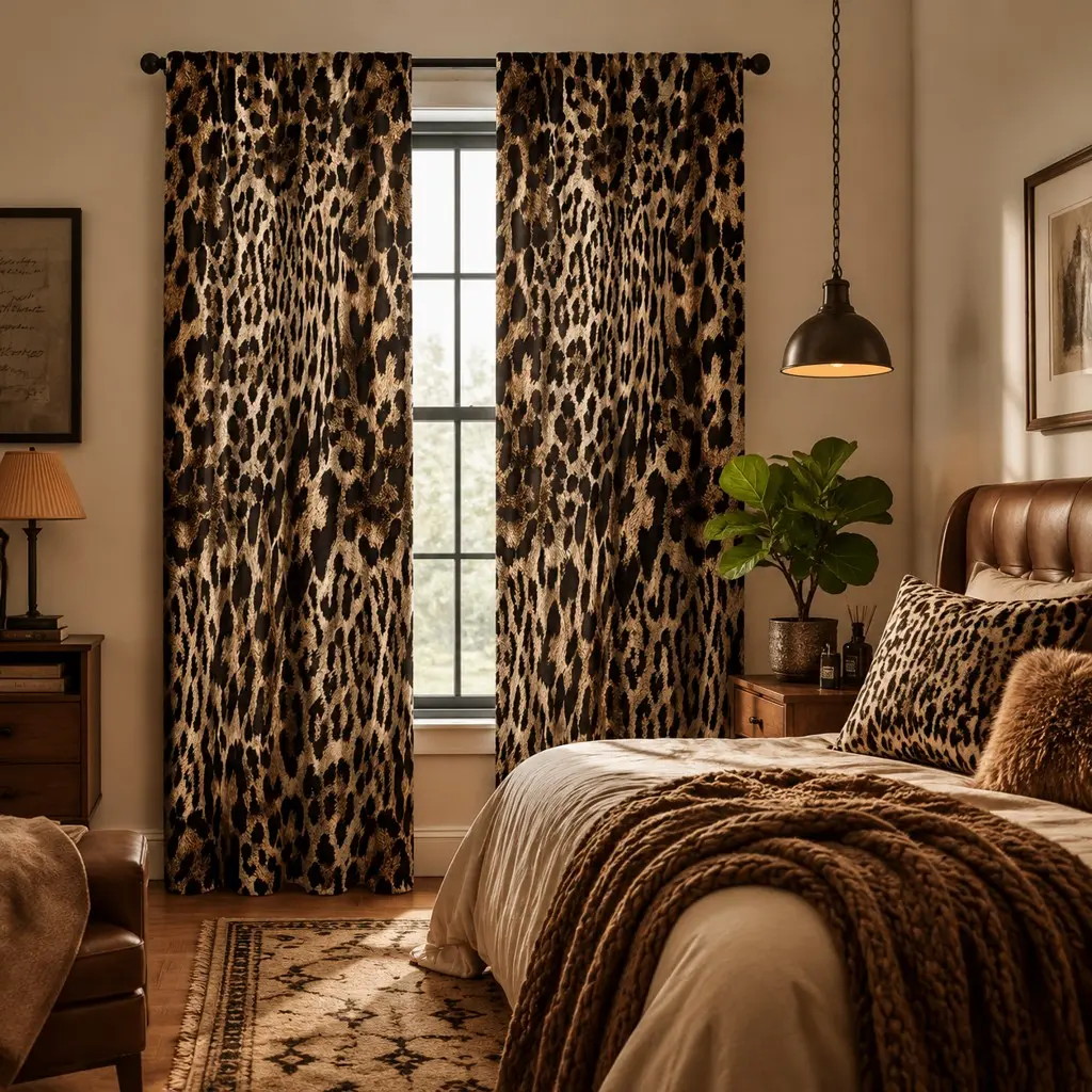 2pcs retro leopard print semi blackout curtains, light luxury wild animal pattern curtains, modern living room, bedroom, dining room, study room, dormitory pole bag style soft decoration curtains