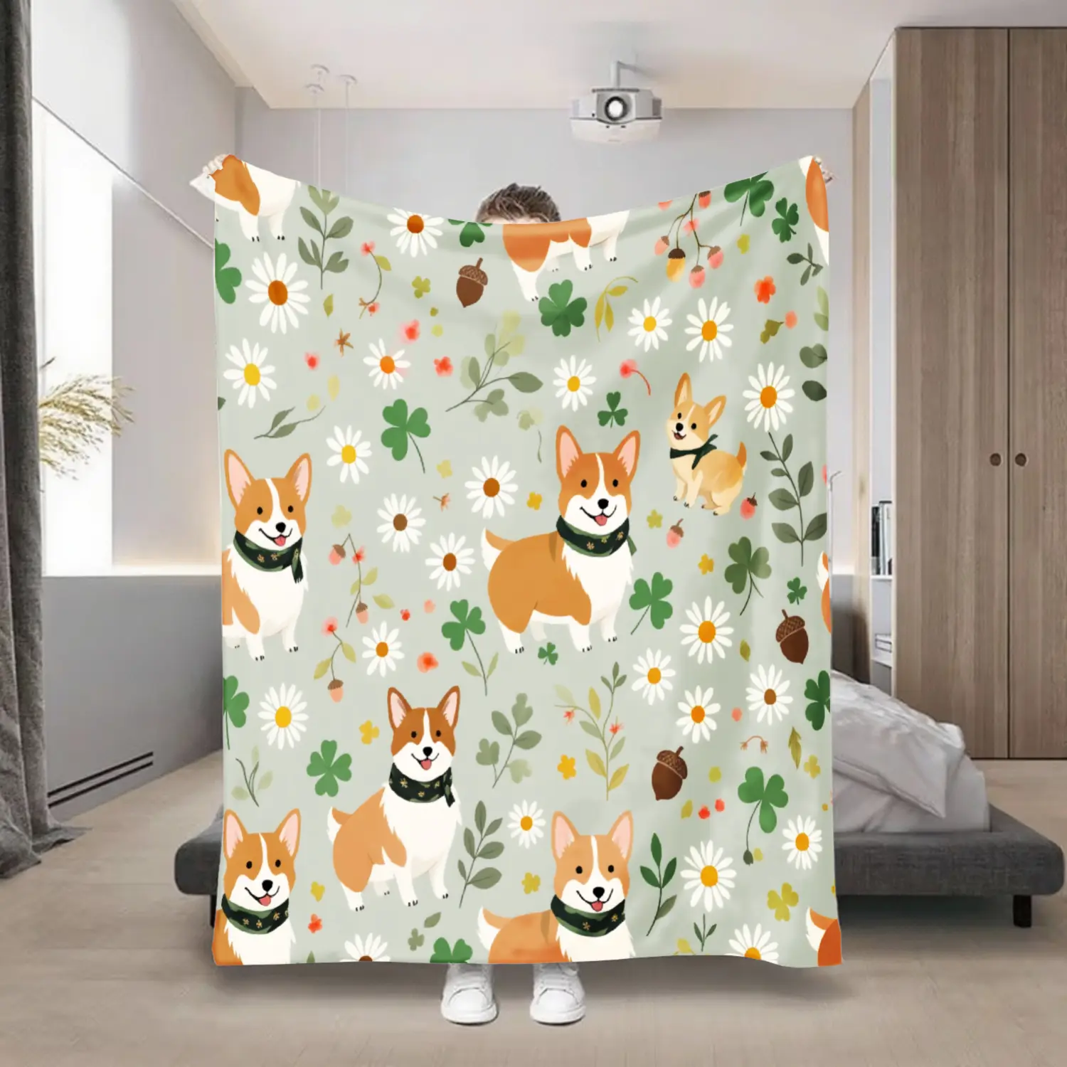 1Pc Flannel Throw Blanket, Corgi Dogs Flowers Leaves Acorns Daisies Suitable For Home Decoration And Daily Comfort, Polyester Material, Machine Washable Valentine'S Day, Mother'S Day, Thanksgiving