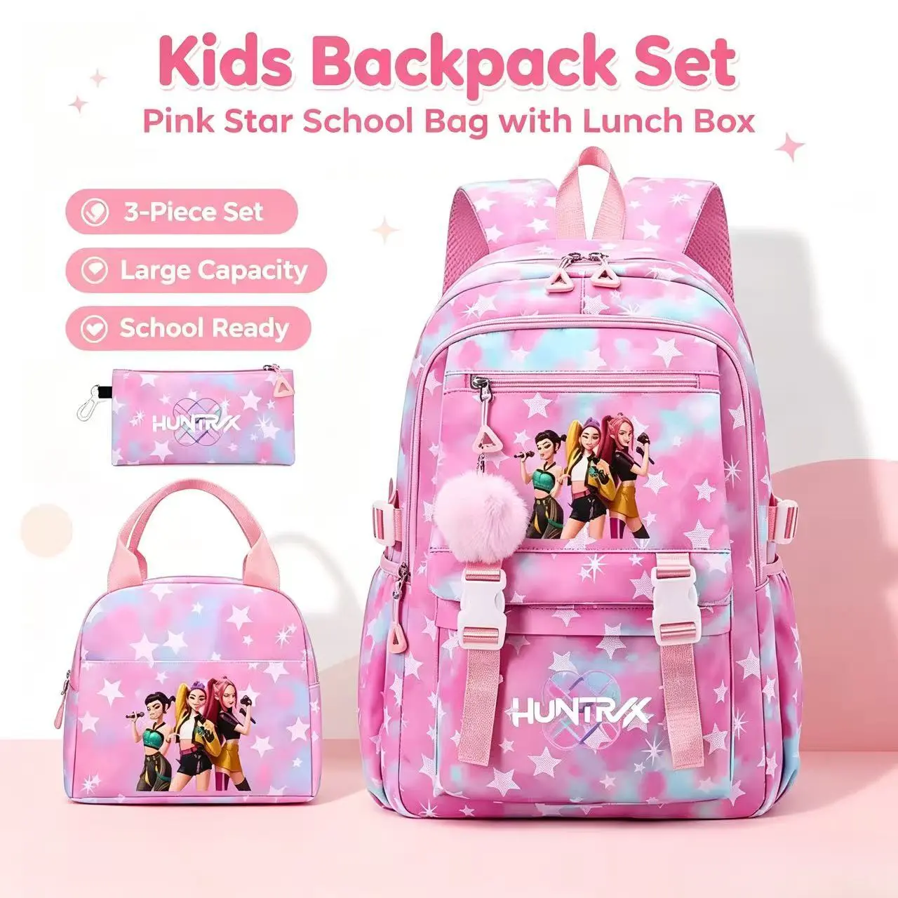 Inspired 3-Piece School Backpack Set for Girls Teens, Back to School Pink Star Backpack with Lunch Bag Pencil Pouch, 15.6in Laptop Bag, Cute Cartoon Anime Style Shoulder Bag for Girls, Back to School Travel Birthday Gift