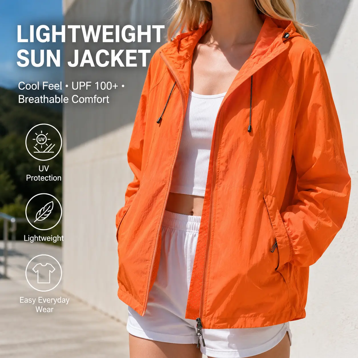 Women’s Lightweight Sun Protection Jacket, 100% Nylon Breathable Hooded Windbreaker for Outdoor Travel, Hiking & Daily Wear, UV Protection, Lightweight Jacket, Summer Outerwear