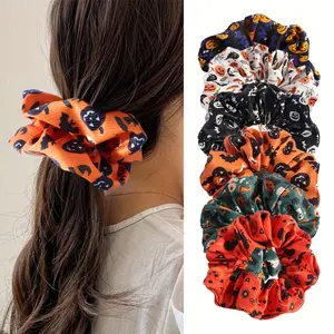 1pc Halloween Hair Scrunchie - Spooky Pumpkin Bat Skull Print Retro Hip-Hop Style Soft Stretchy Hair Tie for Women, Multi-Color Festive Fall Party Accessories, Halloween Clothes, Themed Event Accessory, Playful Festive Design, Comfortable Stretchy Fabric
