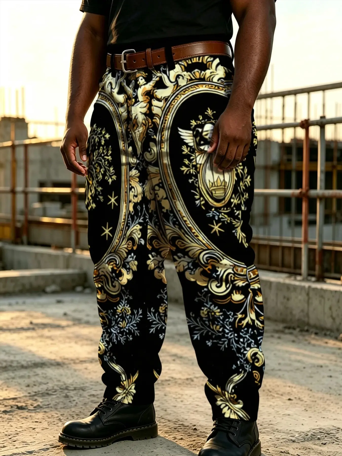 Plus-Size Men's European Baroque Gilded Angel Print Work Pants Casual Retro Court-Style Multi-Pocket Trousers