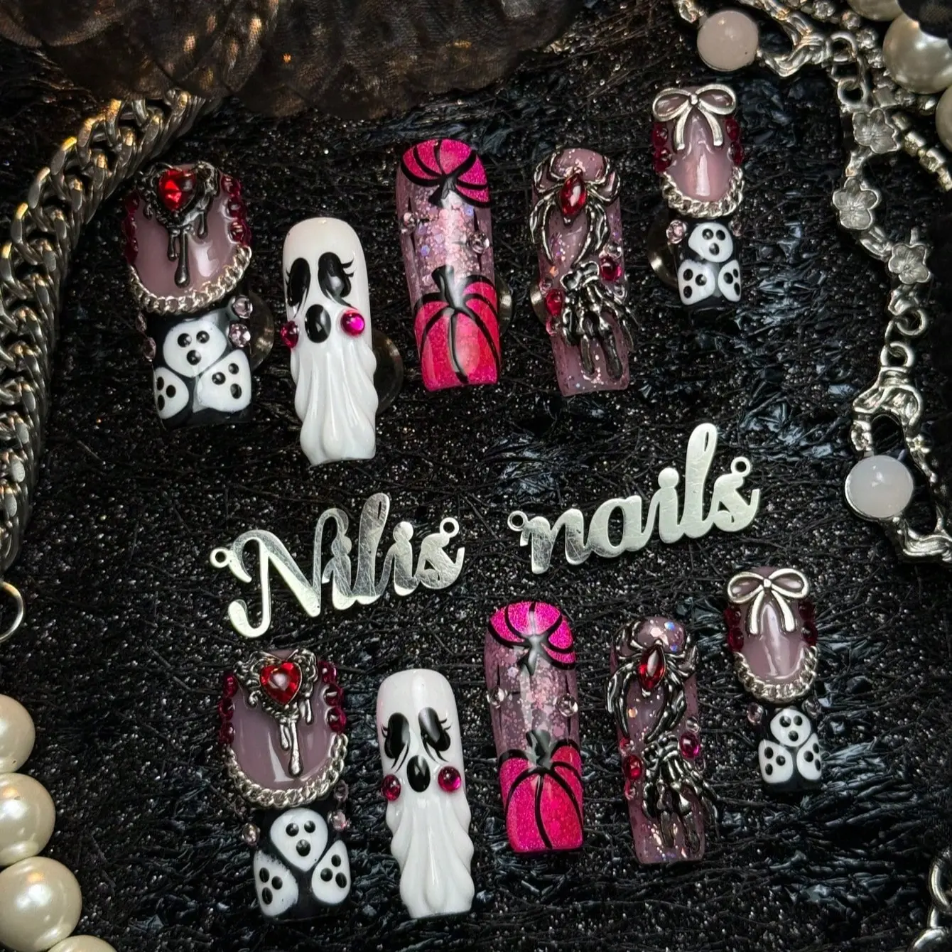 10pcs Handmade Fully Covered long Square Halloween Ghost Spider Press On Nails,Hot Pink& Black and white colored nails,Reusabl,Gothic Sweet Y2K style False Nail,Suitable For Halloween Cosplay,Party, Daily Wear, Cosplay, With Jelly Glue And Nail File