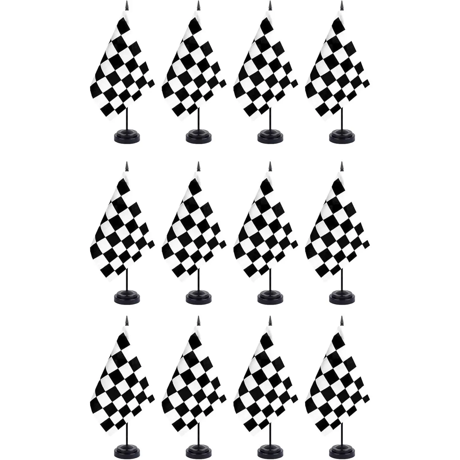 Black and White Checkered Desk Flag 12" Solid Pole Deluxe Set Racing Flags Banner Mini Small Checkered Office Table Flags with Black Stand Base Desktop Decorations(12Pack)