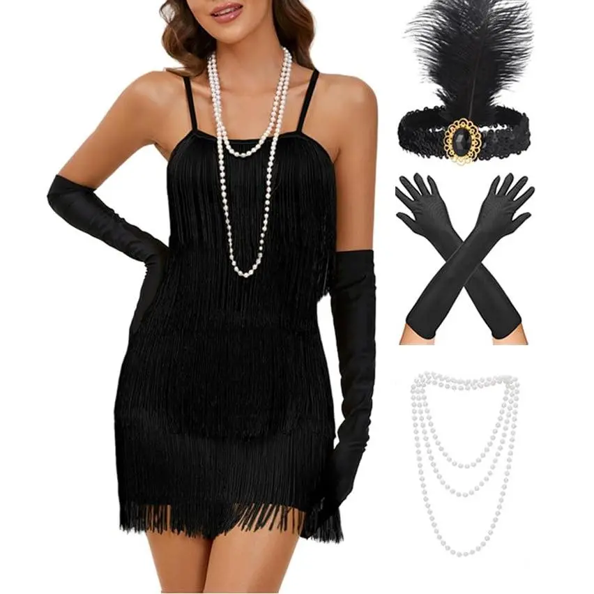 YF Women's 5 Piece 1920s Flapper Dress Set Fringe Gatsby Costume with Headpiece Gloves Necklace Cigarette Holder Roaring 20s Outfit for Halloween Party Cosplay Prom
