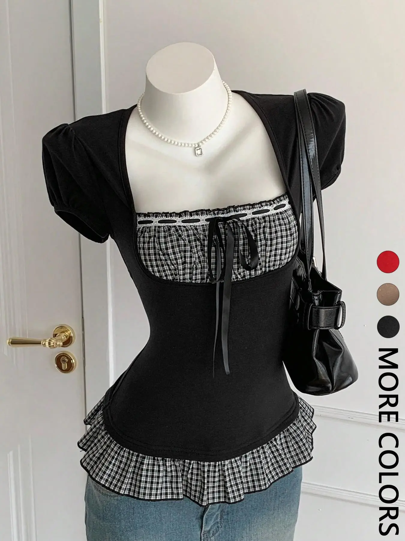 Women's Summer Retro Vintage Plaid Fake Two-Piece Short Sleeve T-Shirt, Square Neck Slim Fit, Casual Daily Wear, Perfect for Dates and Commuting