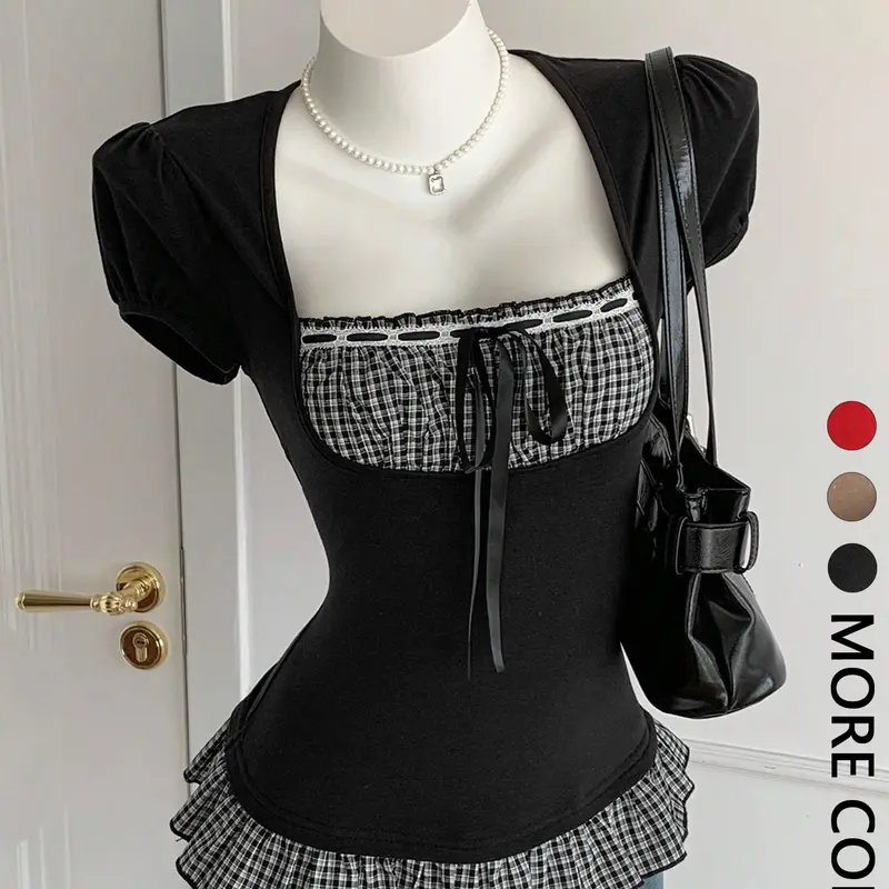 Women's Summer Retro Plaid 2-in-1 Short Sleeve T-Shirt, Square Neck Slim Fit, Casual Cute Daily Wear, Perfect for Dates and Commuting