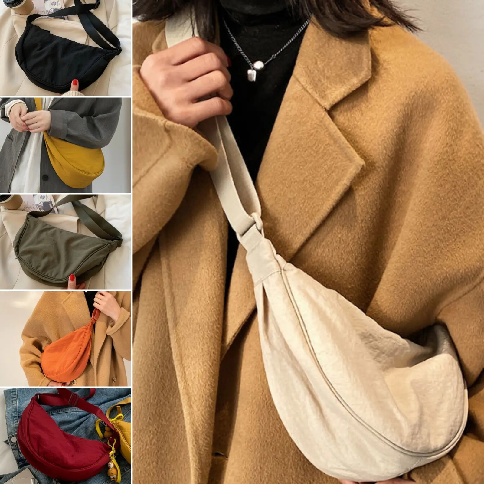 Solid Color Nylon Crescent Crossbody Bag for Women Lightweight Purses Small Travel Sling Bag Hobo Casual Dumpling Bag With Adjustable Shoulder Straps