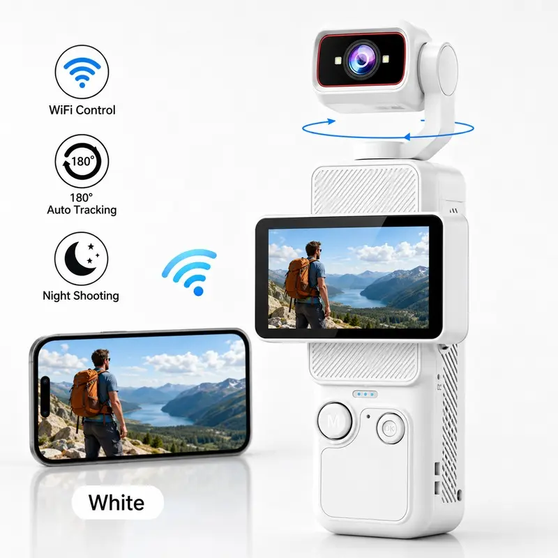 Portable HD Gimbal Camera, Pocket Vlog Camera with Auto Rotating Lens, Smooth Stabilized Video, WiFi Connection, 6X Zoom, Type-C Charging Rechargeable Vlog Camera for Travel, Camping & Content Creation, Vlogging Camera Recorder