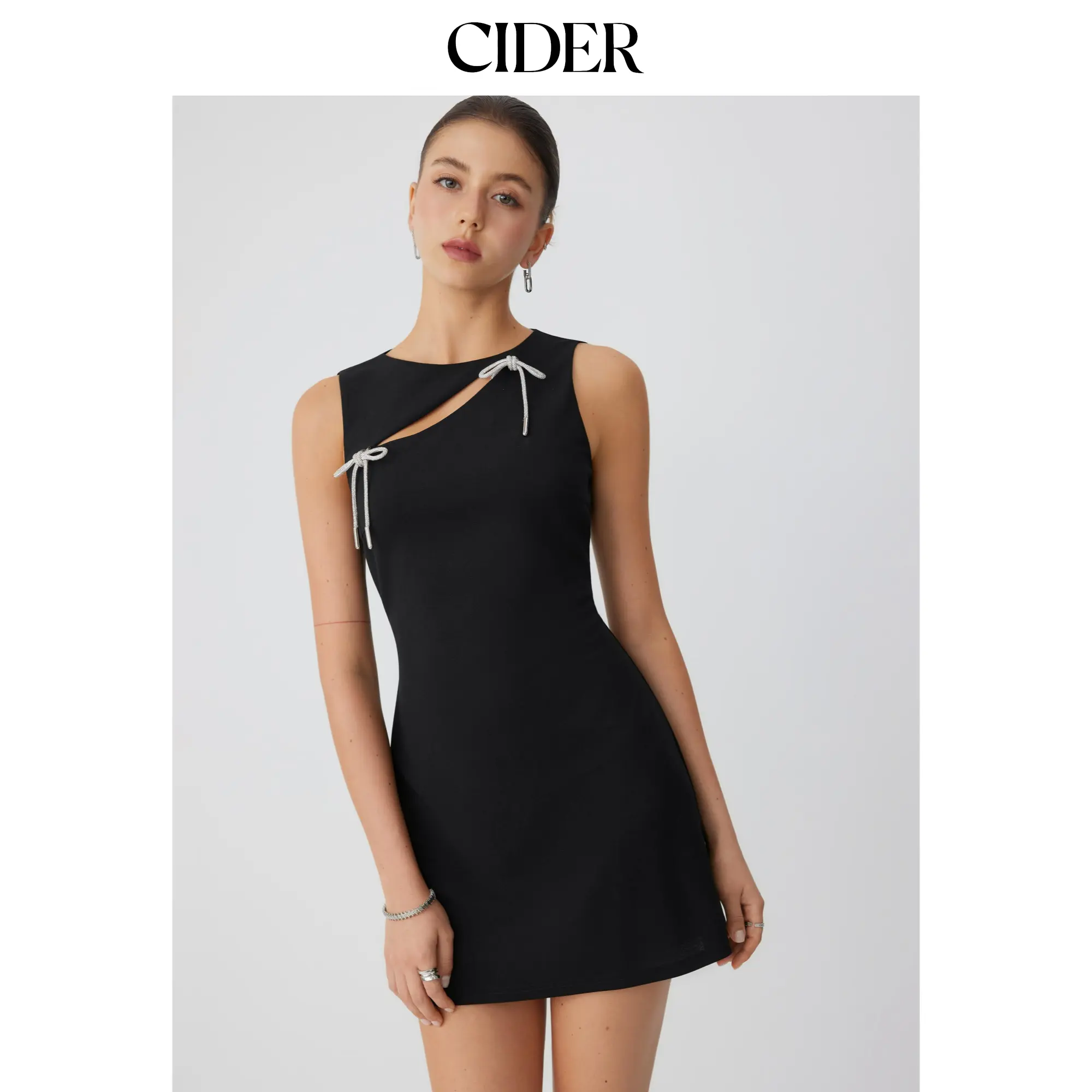Cider Boat Neck Cut Out Rhinestone Bowknot A-line Mini Dress