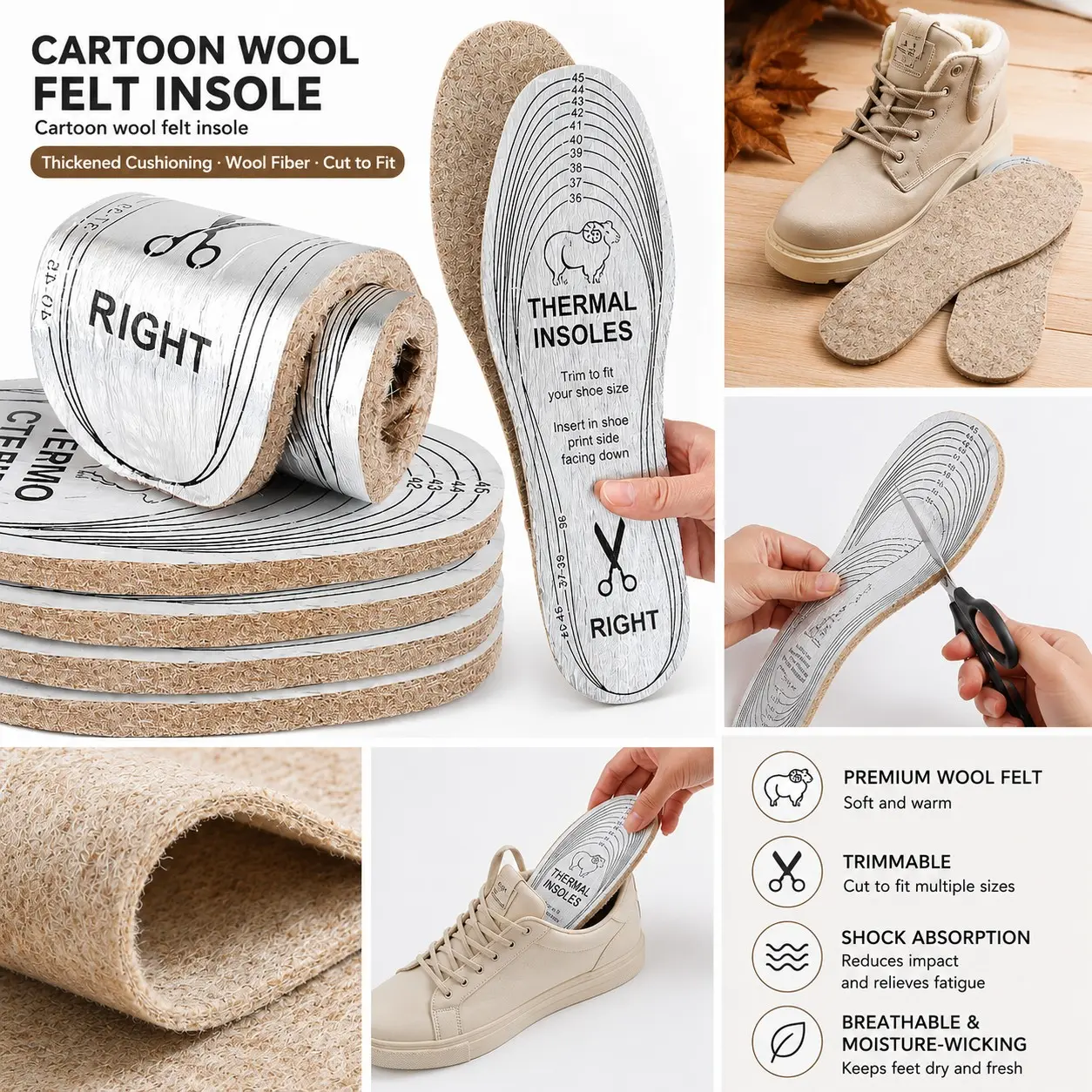 5 Pairs Wool Lining Insoles for Men & Women, Thick Sheepskin Inner Sole, Adjustable Winter Shoe Inserts, Shock Absorption, Moisture-Wicking