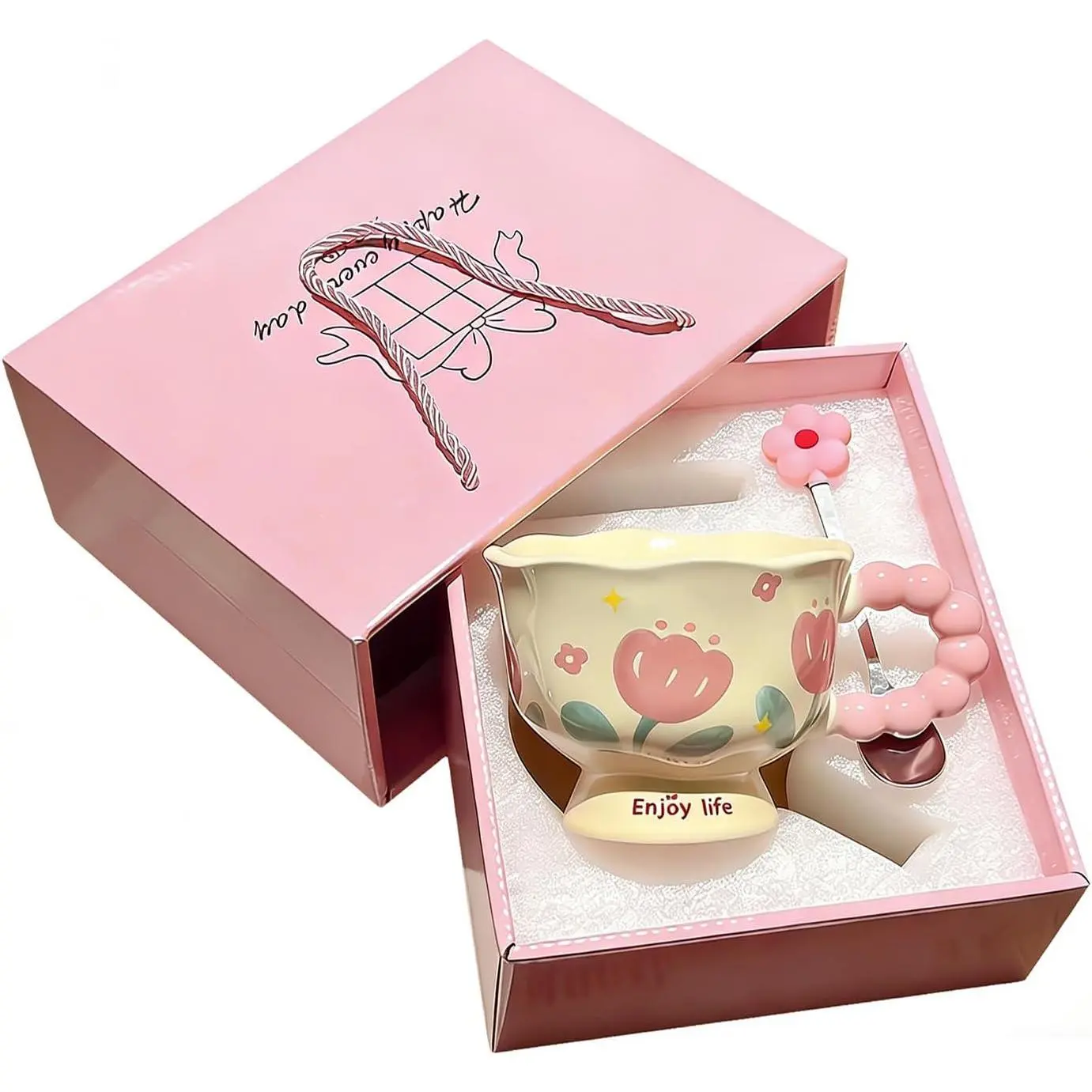 Ceramic Coffee Mugs 10oz/300m  Cute Flower with Spoon  Hot  Mugs  Shaped Floral Cute Cup for Girl with Handle, Breakfast Milk Oatmeal Cup, Girl