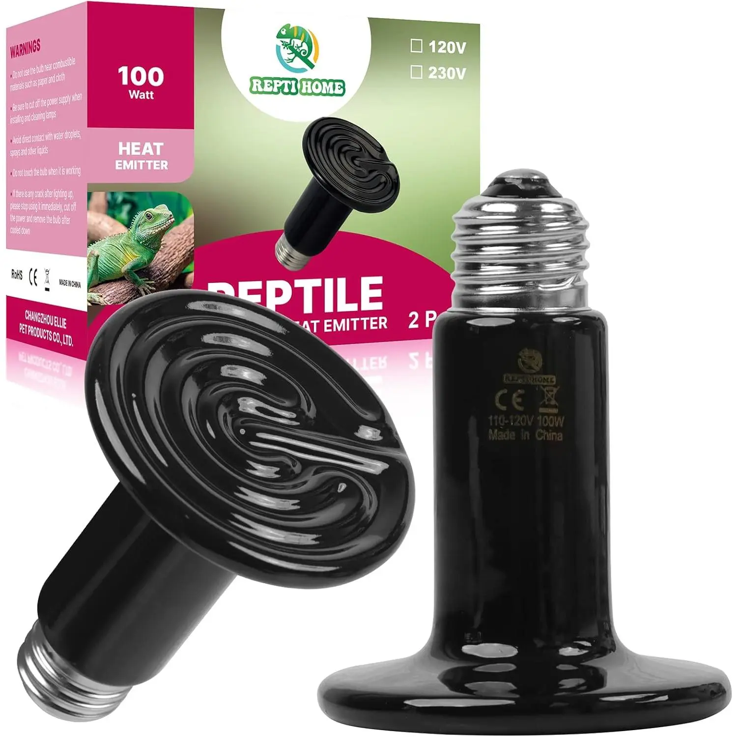 100W Ceramic Heat Emitter Bulbs, 2-Pc Reptile Heat Lamp for Amphibian Pets & Chicken Care, Home Supplies Brooder Coop Light