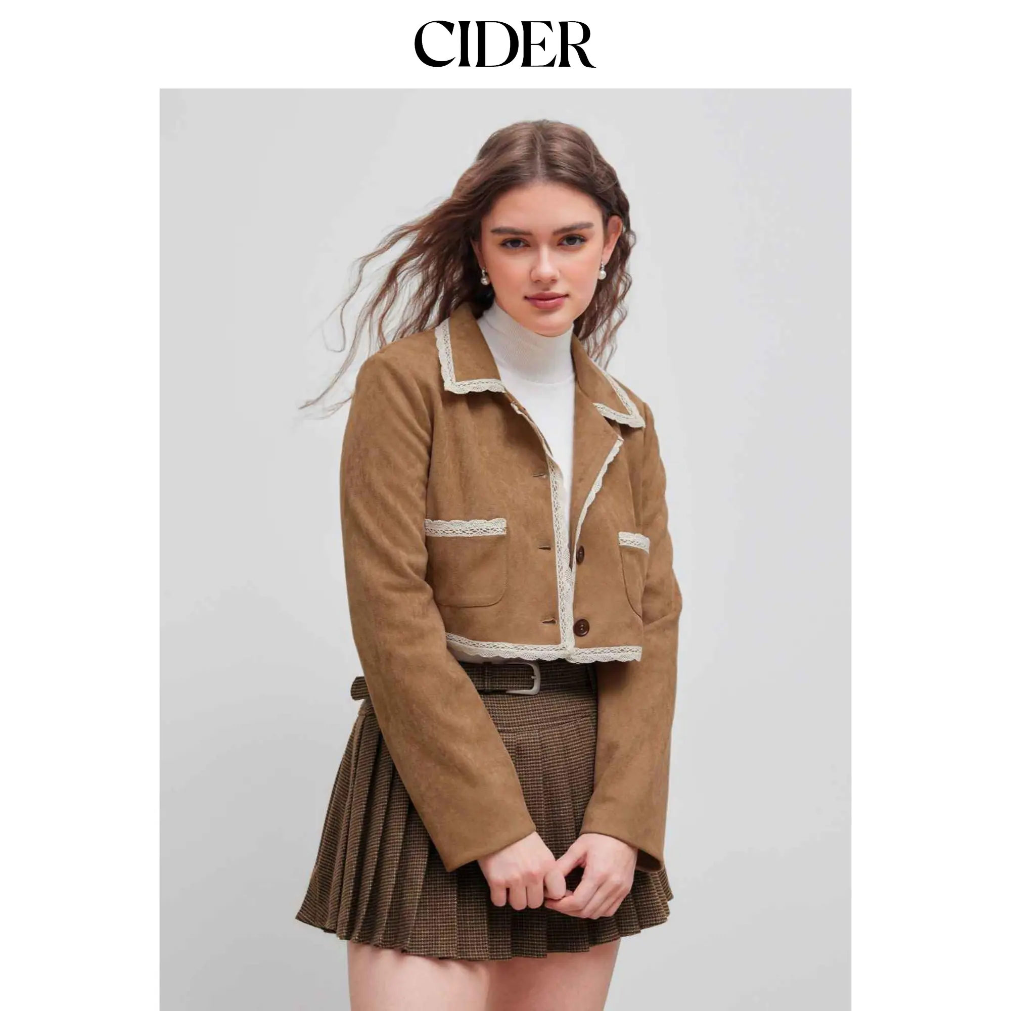 Cider [size 2-10] Suede Collar Solid Contrasting Binding Zipper Crop Bomber Jacket