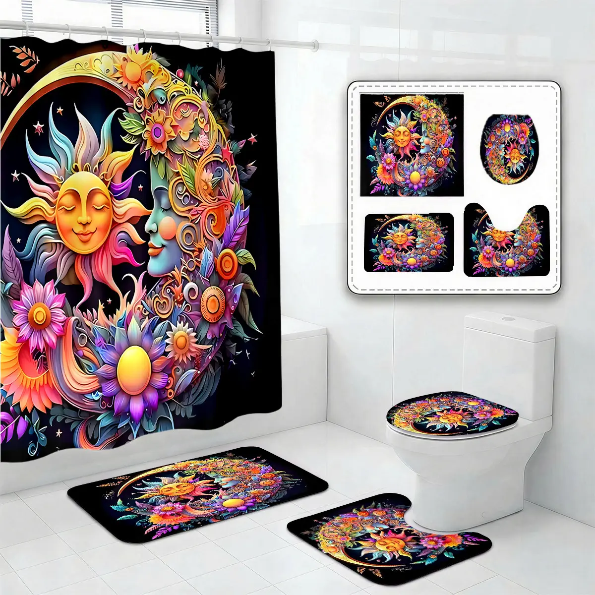 Celestial Sun Moon Shower Curtain Set – Colorful Boho Floral Starry Night Bathroom Decor for Solstice, Lunar New Year & Mystic Festival Vibes
