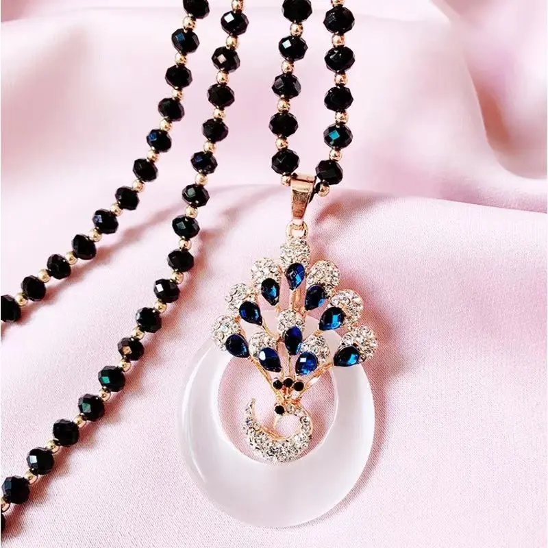 Women's Letters Artificial Gemstone Necklaces & Pendants - Versatile Zircon Sweater Necklace, Simple Cat's Eye Stone Peacock Design with Pearl Accent, A-Z Faith Chain, Stylish and Unique Casual Adult Jewelry Accessory for Daily Wear