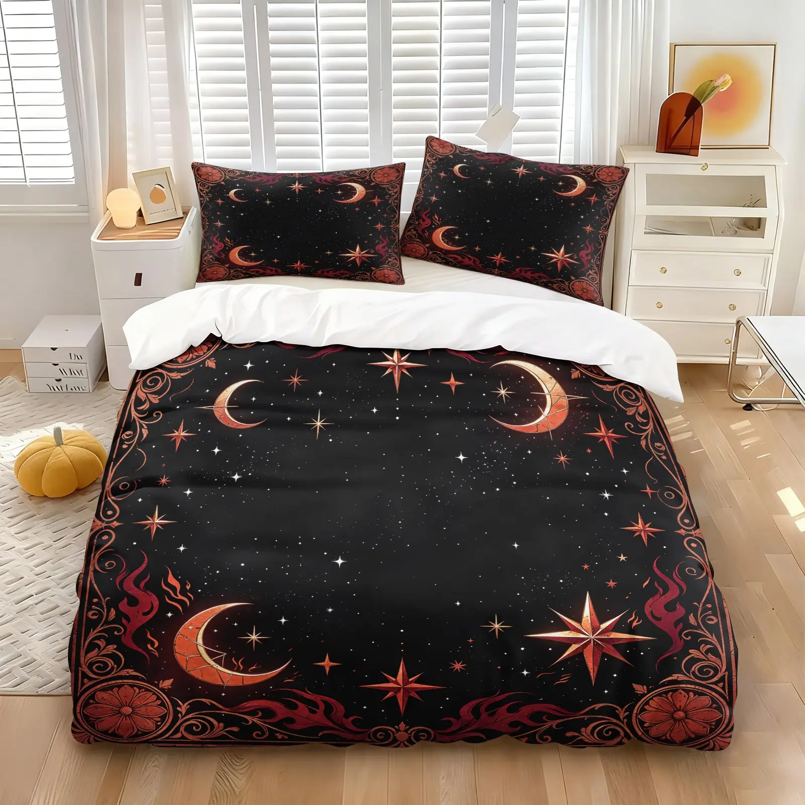 Crimson Fire-Patterned Twin-Star Moon Datura Duvet Cover Set & 1-2 Coreless Pillowcases-Black Starry Sky Base with Flame & Red-Orange Starbursts-Soft Comfortable Bedding-Dark Gothic Style Bedroom Decor