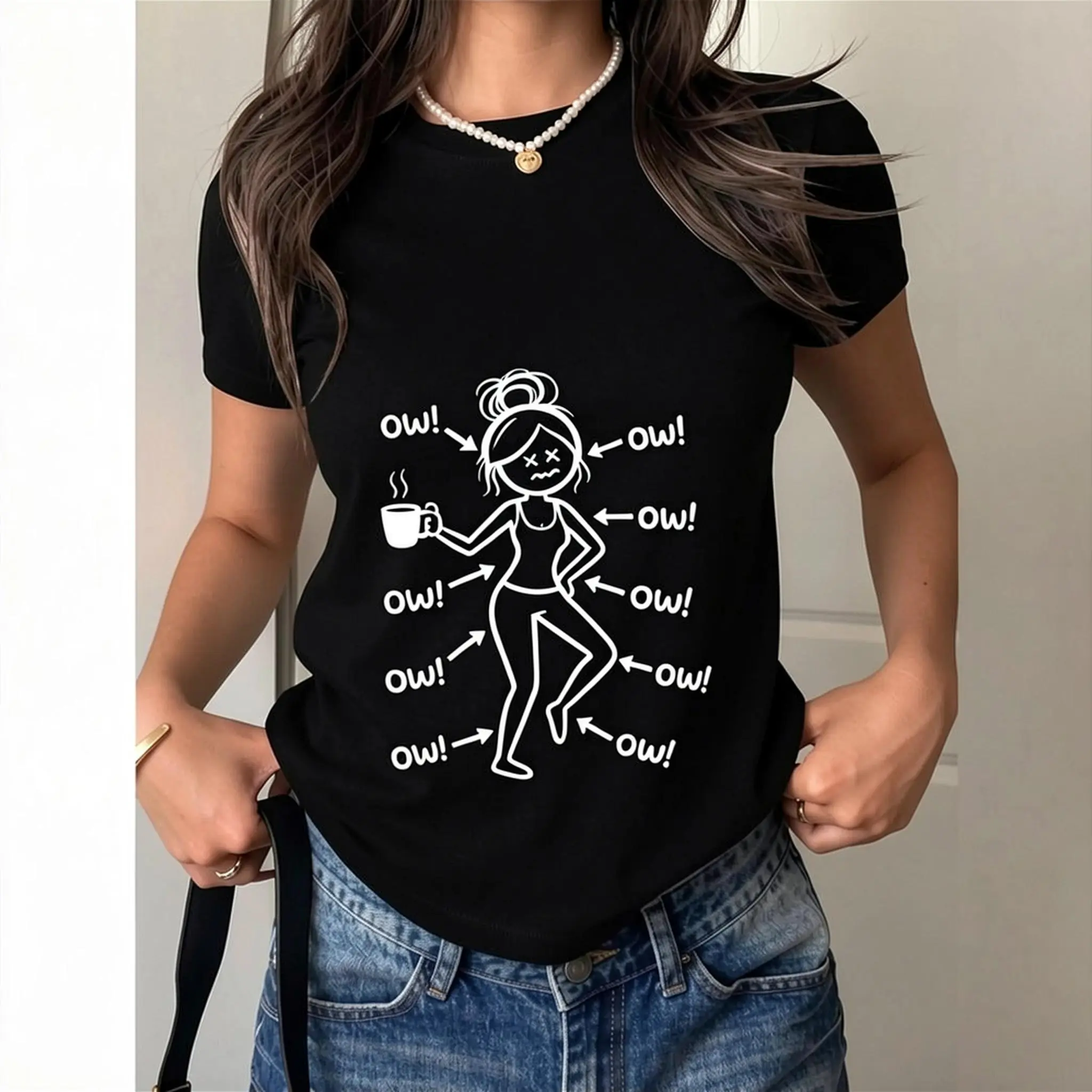 Funny Ow Ow Ow Saying Body Pain Character Humor Women Girls Cotton T-shirt, Graphic Crew Neck Soft Top Short Sleeve Casual Unsex Shirt for Men Women