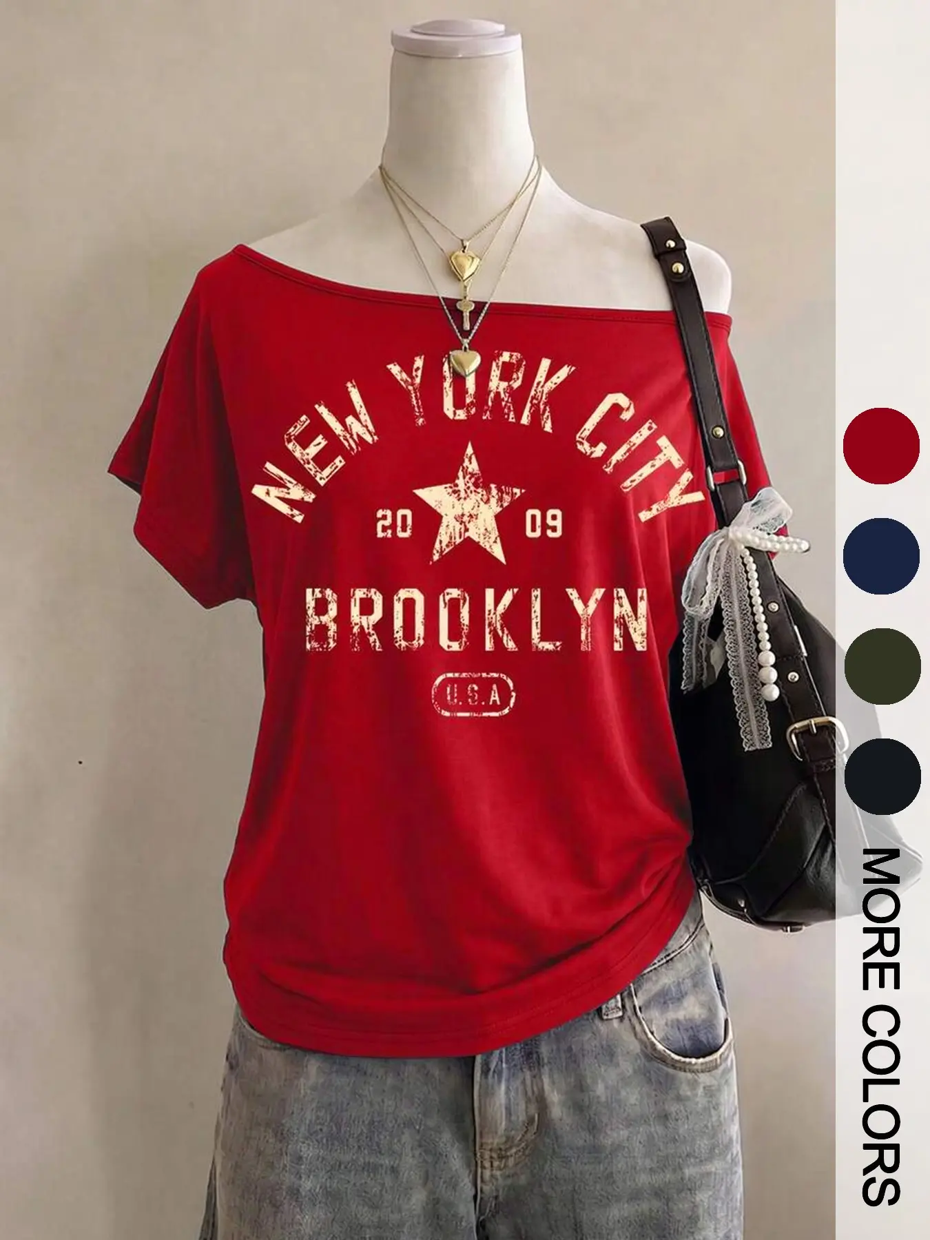 American Vintage Casual New York Star Washed Print One-Shoulder Short Sleeve T-Shirt, Women's Asymmetrical Loose Fit Top