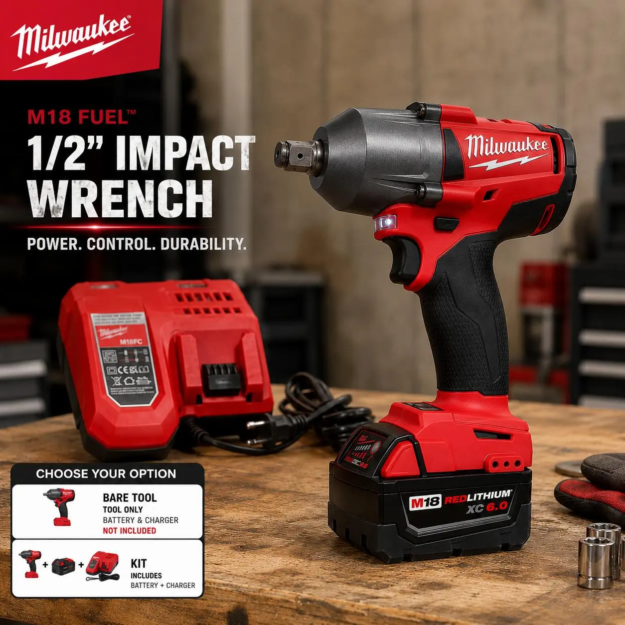 Milwaukee M18 FUEL 1/2" Brushless Impact Wrench, 900Nm High Torque 18V Cordless Power Tool for Heavy Truck Auto Repair & Construction