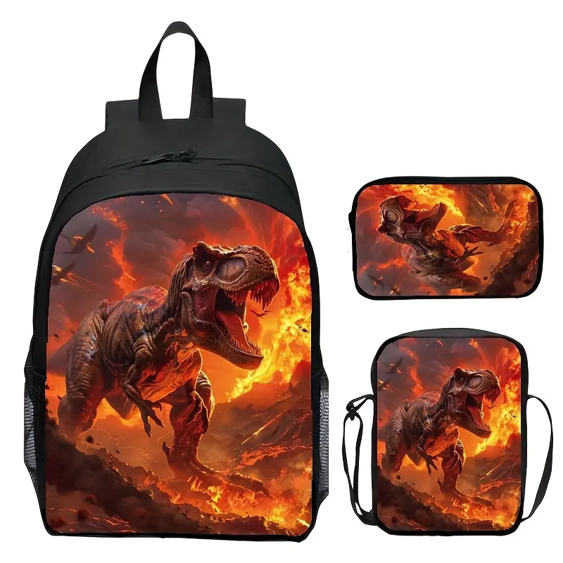 [Dinosaur Three-Piece Set] Digital Print Animal Jurassic Dinosaur Tyrannosaurus Rex Three-Piece Set School Bag Youth Backpack Men's and Women's Casual Shoulder Bag