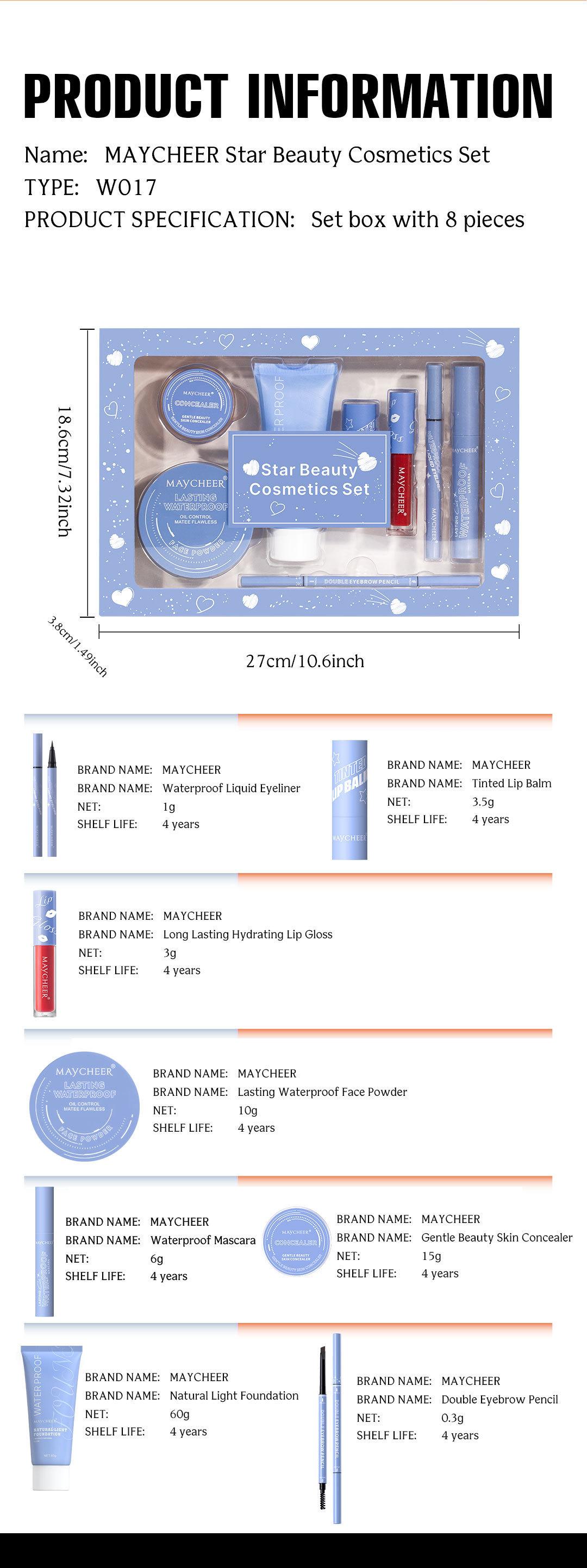 MAYCHEER Heart-to-Heart Beauty Makeup Set: Lipstick, Lip Gloss, Eyeliner, Eyebrow Pencil, Foundation, Powder Set
