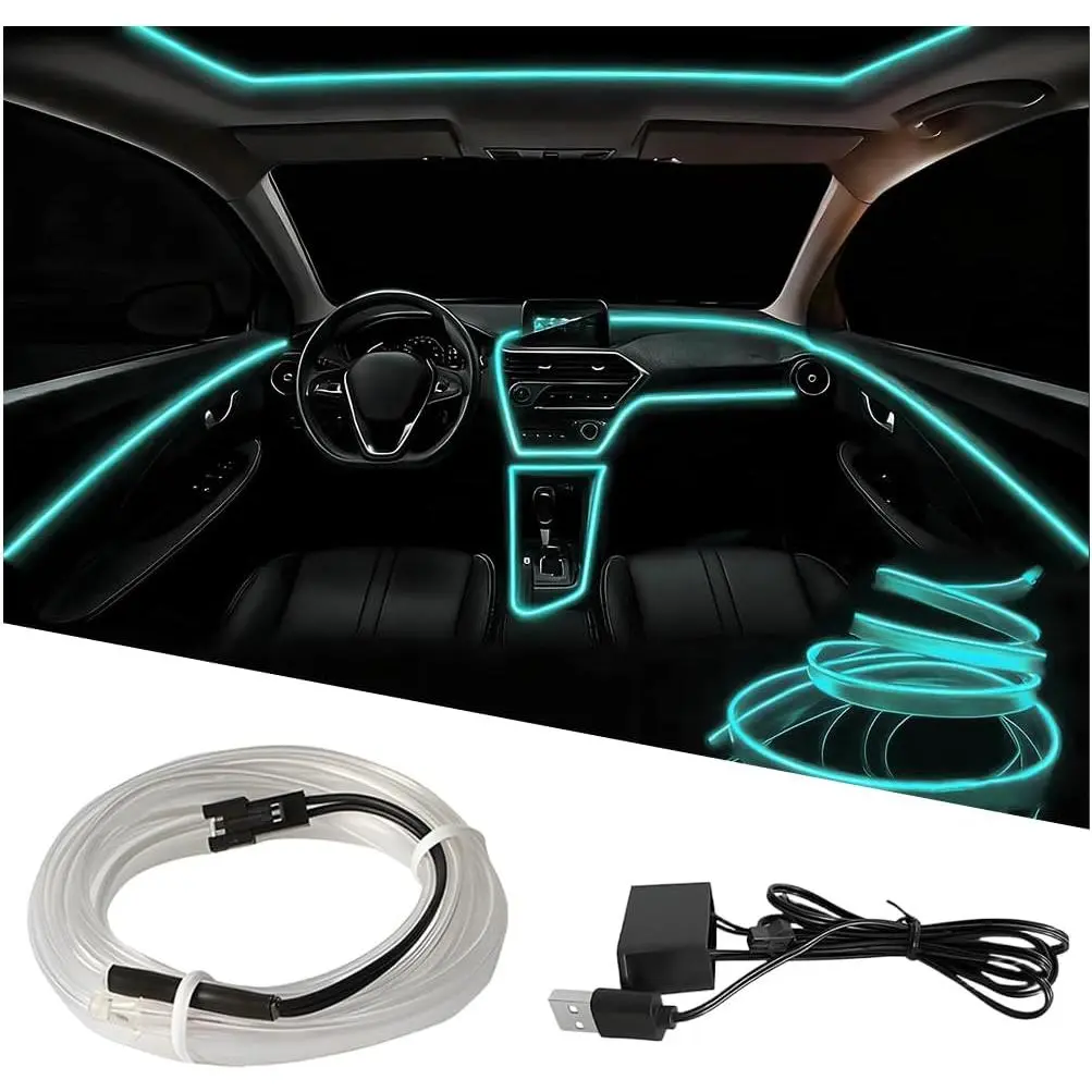 EL Wire  LED Strip Lights, 16.5FT 5V USB  Ambient Lighting Kit with Fuse Protection, Automotive Interior Neon Decoration Lamp with 5mm Sewing ,  Fit (Ice Blue)