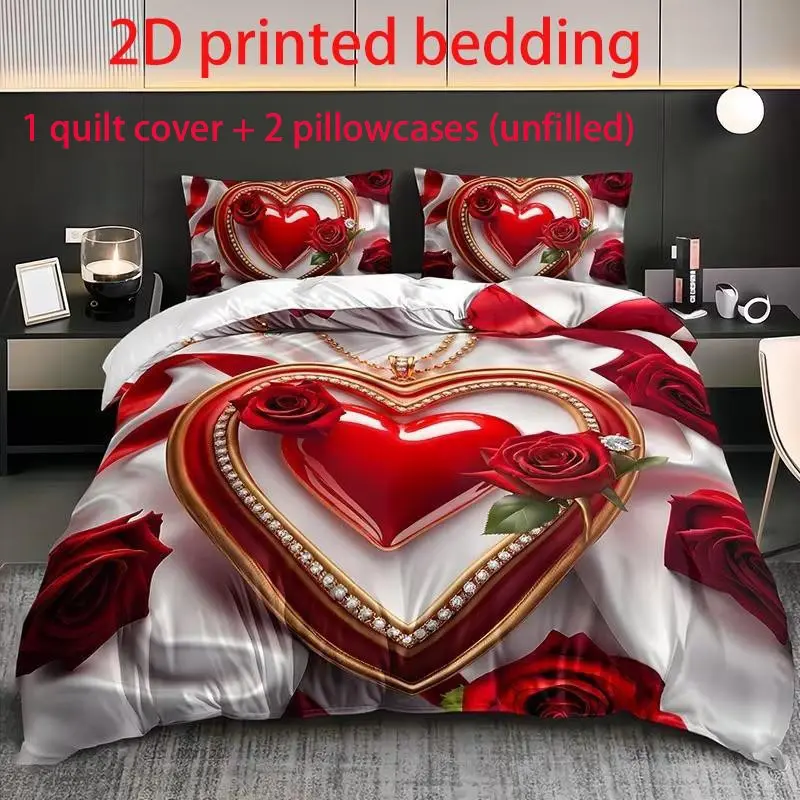 3-piece luxury heart-shaped rose duvet cover set (including 1 duvet cover and 2 pillowcases) unfilled, Decorative Duvet Cover, high-definition printed polyester material, holiday gift, Bedroom Bedding Set