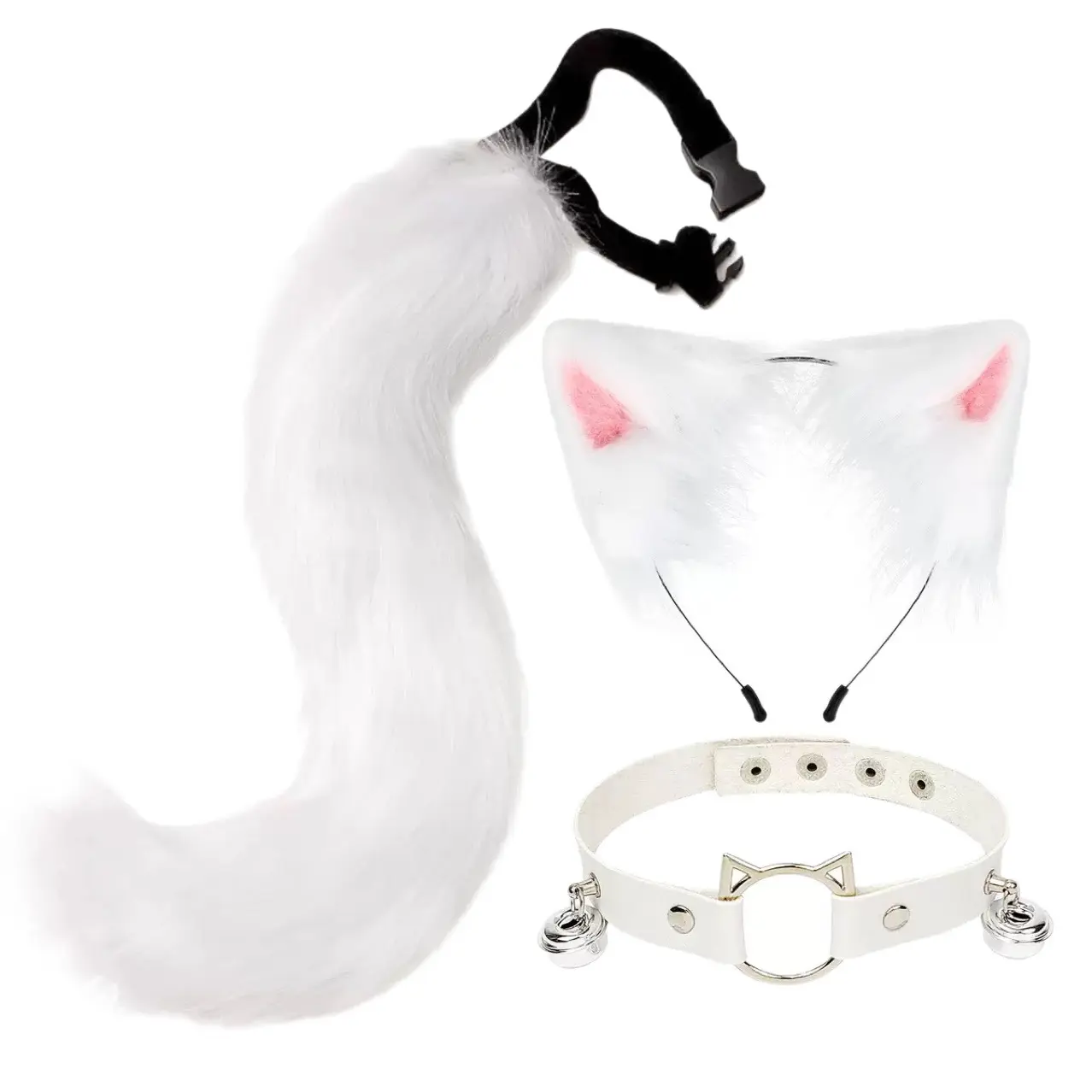 Cosplay plush animal ears and tail set, anime-style fox ears, wolf ears, headband, tail accessories, head bell, collar