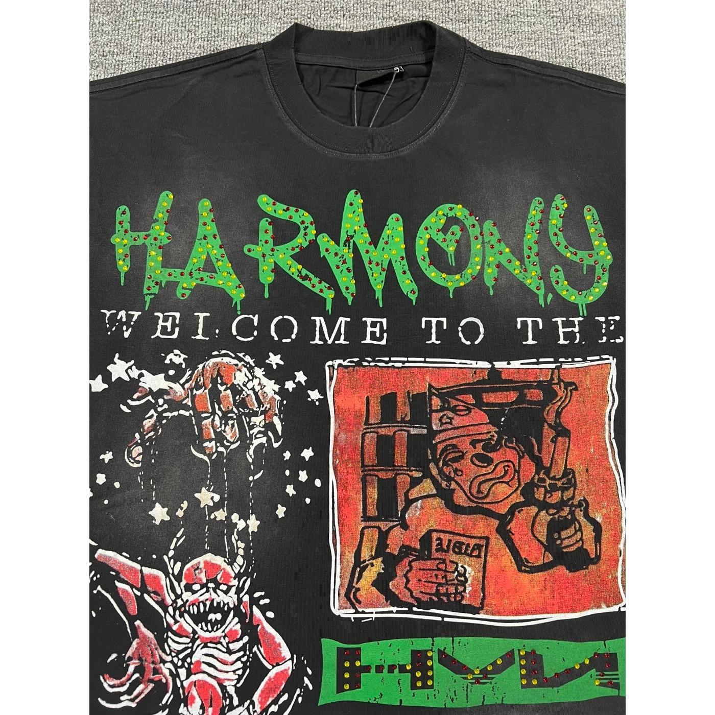 Y2K Vintage Washed Streetwear T-Shirt, Shiny Rhinestone Diamond Graphic, Crew Neck Cotton Oversized Short Sleeve Hip Hop Tee For Men