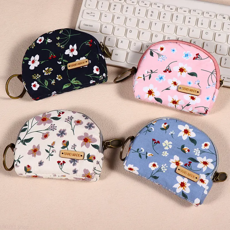 Women's Synthetic Floral Canvas Half Moon Zip Coin Purse - Keychain Mini Handheld Card Holder, Boho Vintage Flower Print Handmade Small Clutch, Lightweight Travel Organizer, Casual Street Crossbody Pouch Accessory