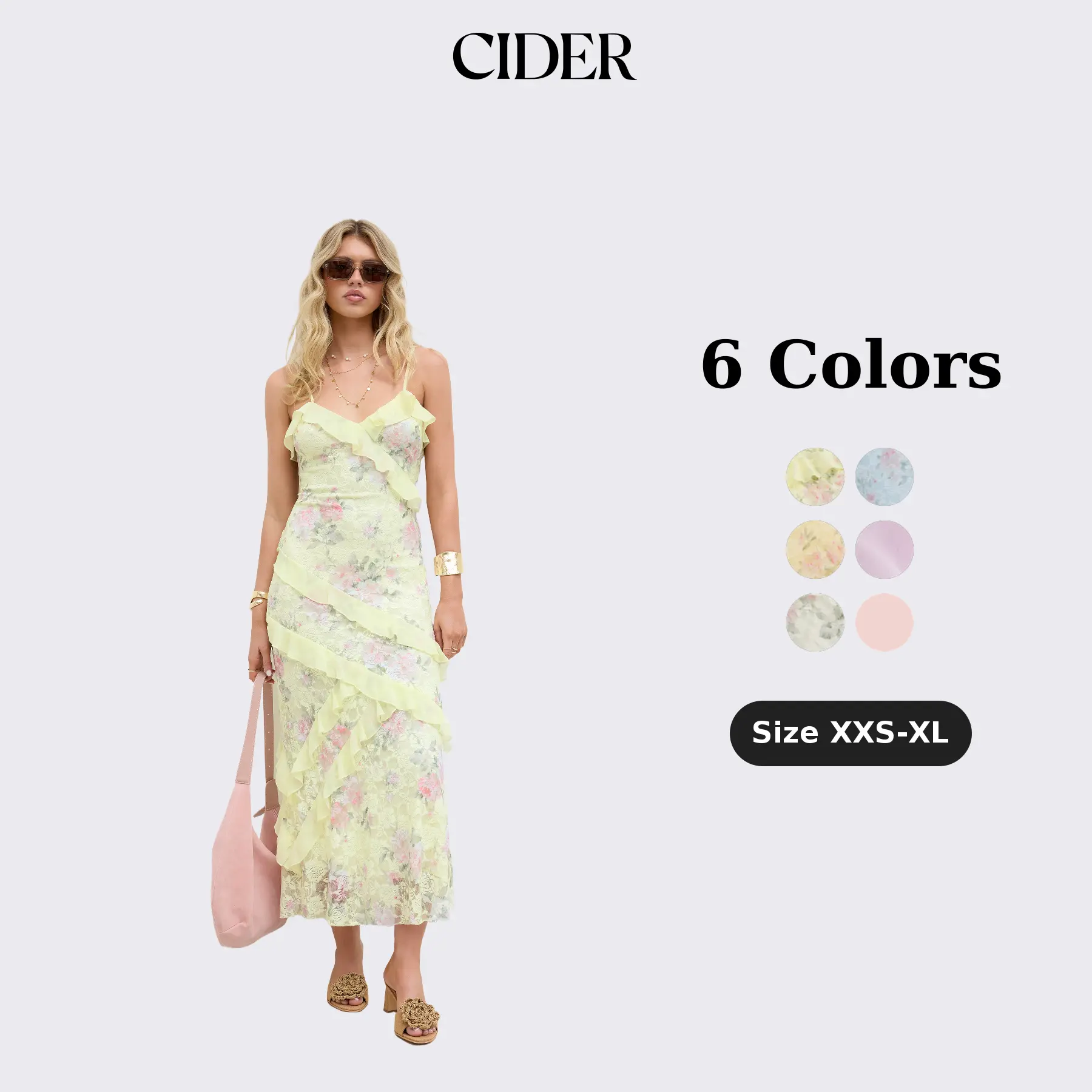 Cider Maxi Dress – Lace V-Neck Floral Ruffle Polyamide Stretch Romantic Women’s Summer Vacation Beach Party Gown, Floral Embroidery Slim Fit Long Dress for Spring SummerFinds