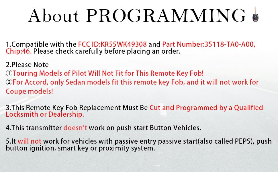 Key Fob Remote Replacement Fits for Honda Pilot 2009 2010 2011 2012 2013 2014 2015 / Accord (Sedan Only) 2008-2012 KR55WK49308 Keyless Entry Remote Control 35118-TA0-A00