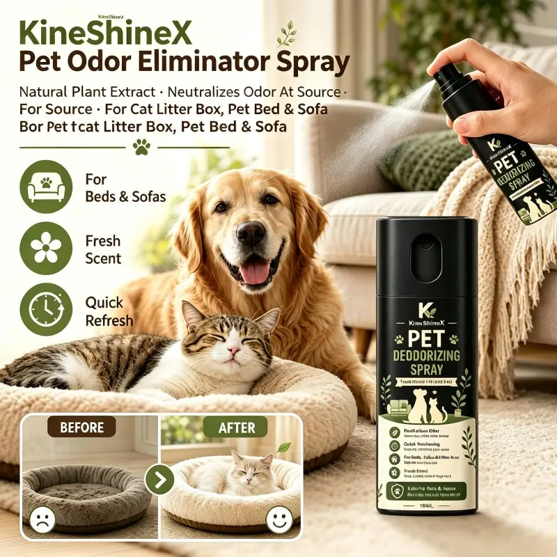 KineShineX Pet Odor Eliminator Spray, Natural Plant Extract Gentle Formula, Pet Deodorizer for Cat Litter Box, Pet Bed & Sofa, Breaks Down Odor At Source, Not Just Mask Smell