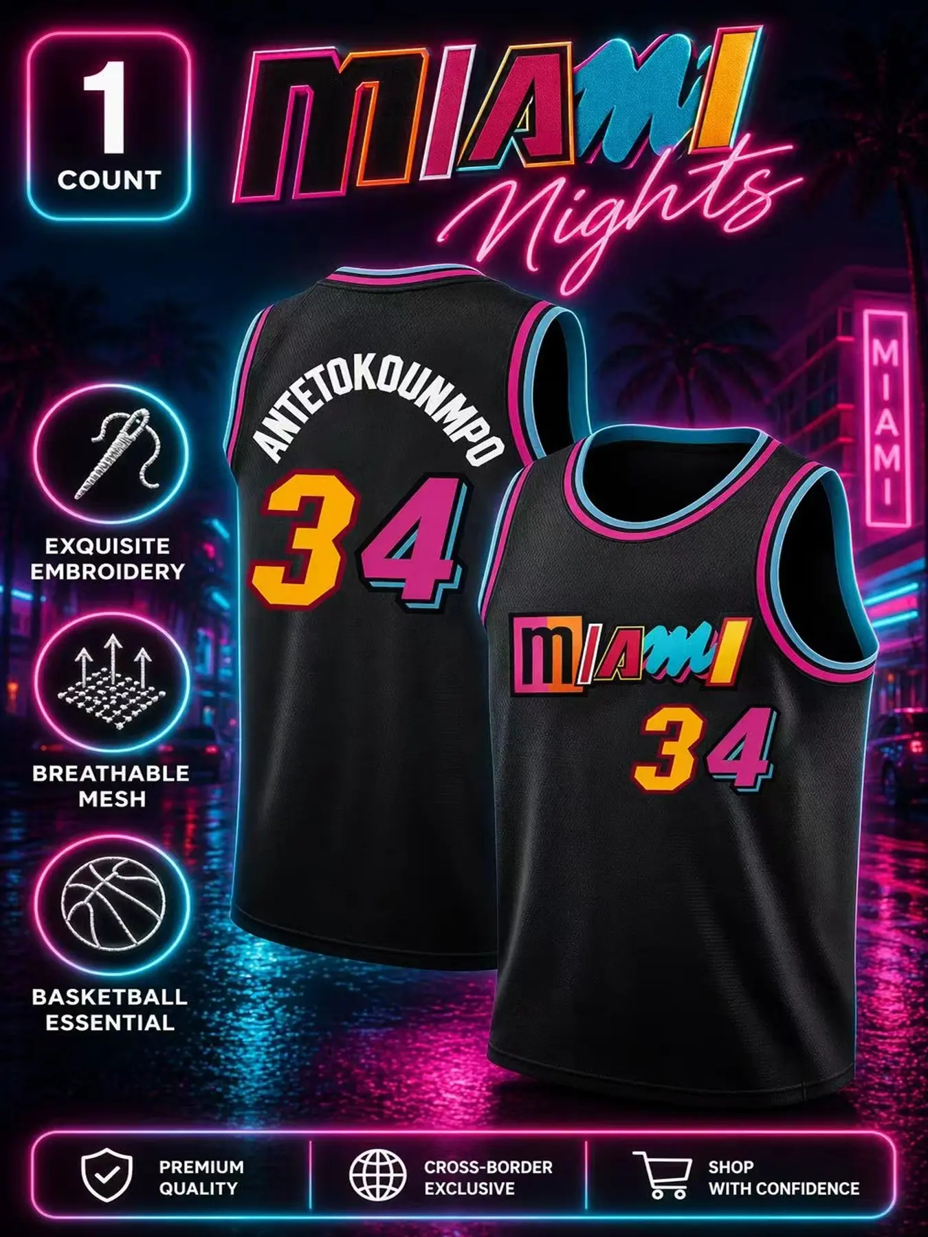 New Miami #34 Letterman Knit Basketball Jersey, Men's Fashion Streetwear, Breathable Basketball Tank Top, Training Wear, All Seasons