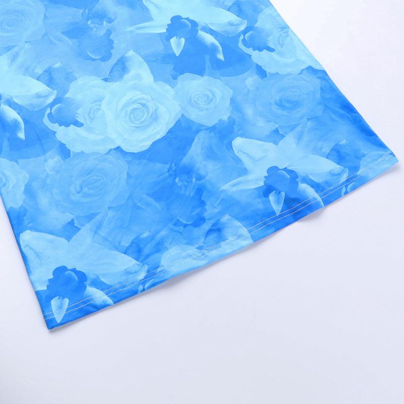 Rose Print Ruched Lace Up BacklessCami Dresses for Women, ElegantSleeveless Bodycon Capri Sun DressLong Dress for Summer, BirthdayDresses 2024, Fashion Women'sDress for Beach Holiday, Capri SunDress Valentine's Day, gift Casual Womenswear Blue Floral