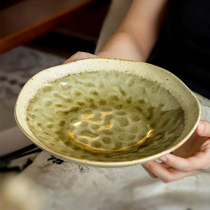Rare glaze color 9inch ceramic deep plate, irregular-shaped salad plate, Japanese-style dinner plate, kiln-fired dish